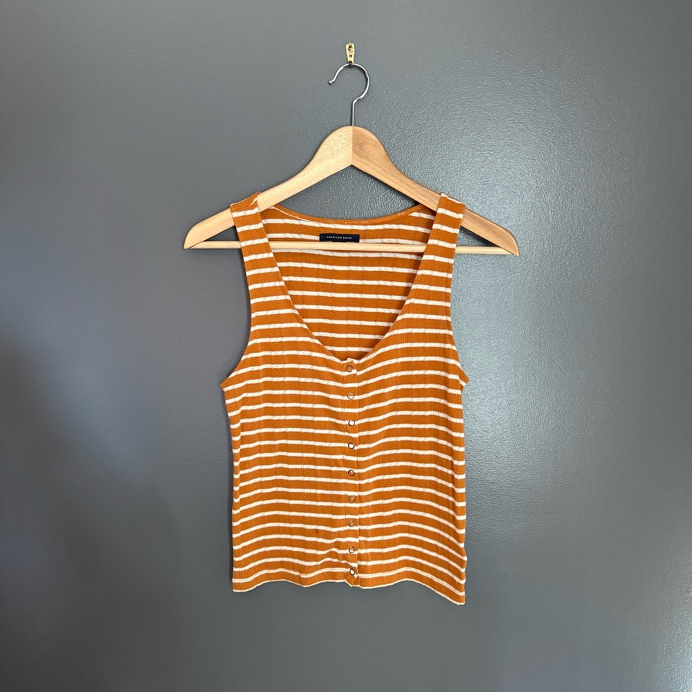 American Eagle Women Golden and White Striped Tank Top V Neck With Buttons Small